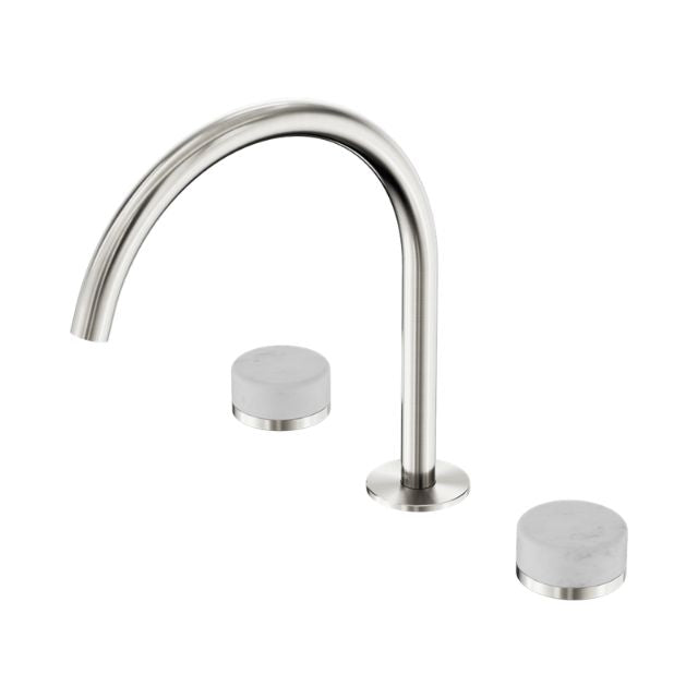 Nero Serenity 3-piece tap set in brushed nickel with arc spout and round Carrara marble handles, front view on white background