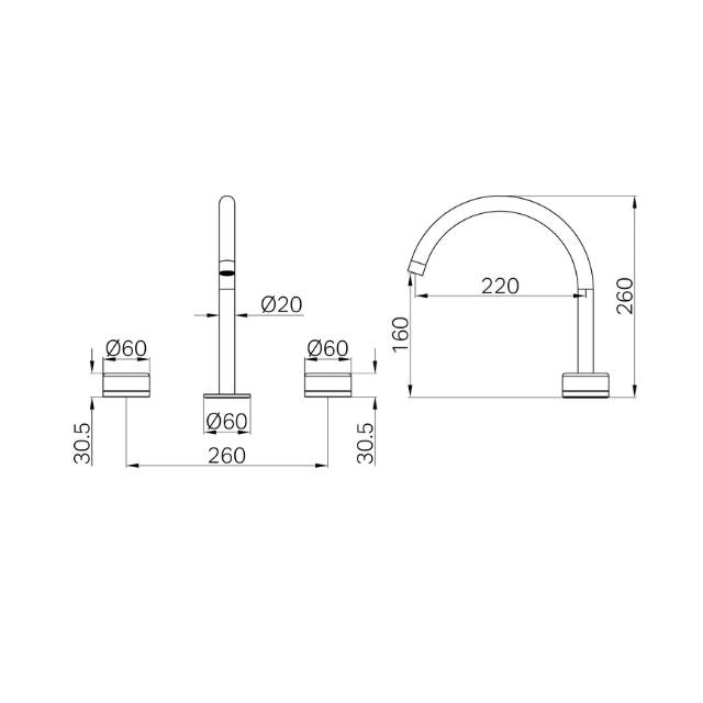 Technical drawing of Nero Serenity bath/kitchen tap set in brushed nickel, showing arc spout and handle dimensions.