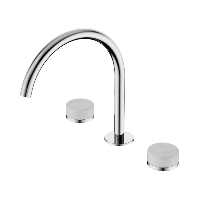 Nero Serenity chrome 3 piece sink set with arc spout and Carrara handle, shown on white background