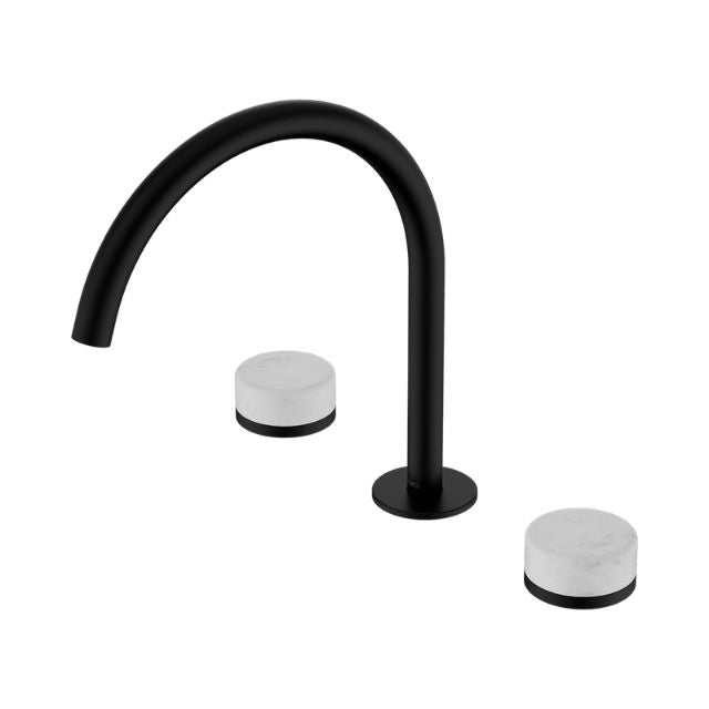 Nero Serenity matte black arc bath/kitchen tap set with Carrara marble handles, three-piece wall-mounted design