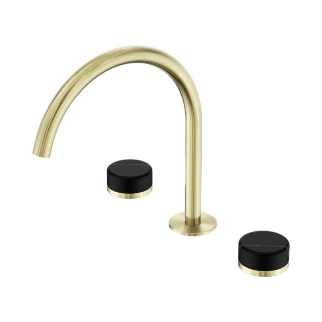 Nero Serenity brushed gold 3-piece tap set with arc spout and black marble handles on white background