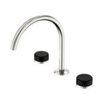 Nero Serenity brushed nickel 3-piece tap set with arc spout and black stone handles on white background