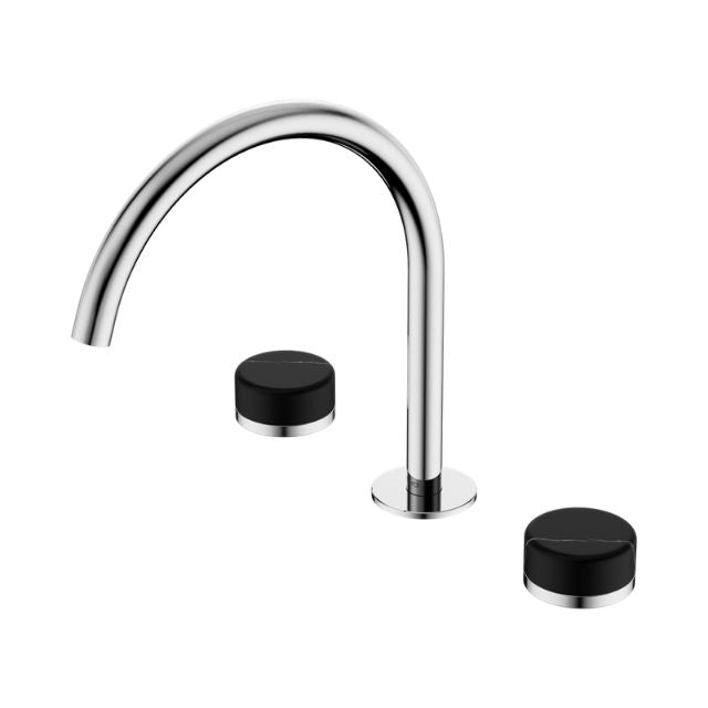 Nero Serenity chrome bath/kitchen tap set with arc spout and black handle caps, shown on white background