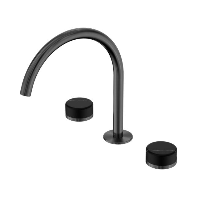 Nero Serenity 3 piece sink set in gun metal with arc spout and two Marquina black handles, isolated on white