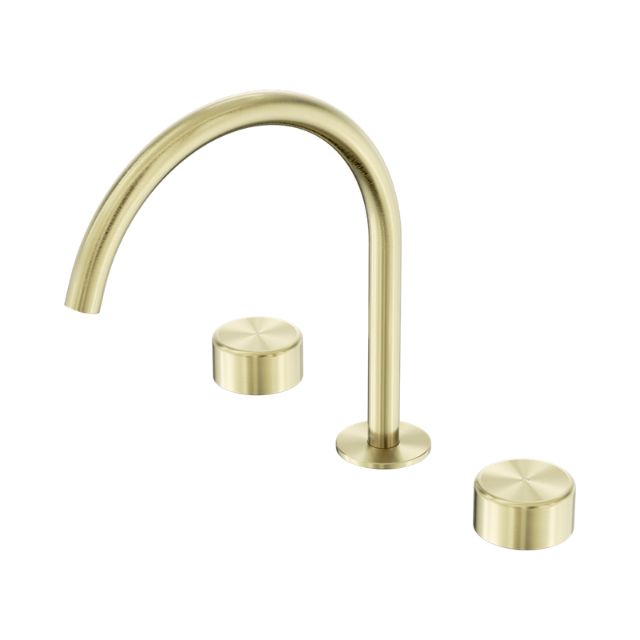 Nero Serenity brushed gold 3-piece tap set with arc spout and round metal handles on white background