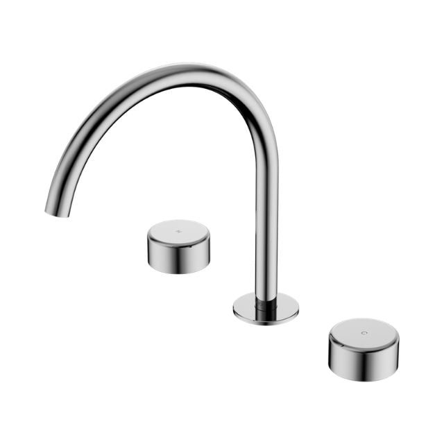 Nero Serenity chrome 3 piece sink set with arc spout and metal handles on white background
