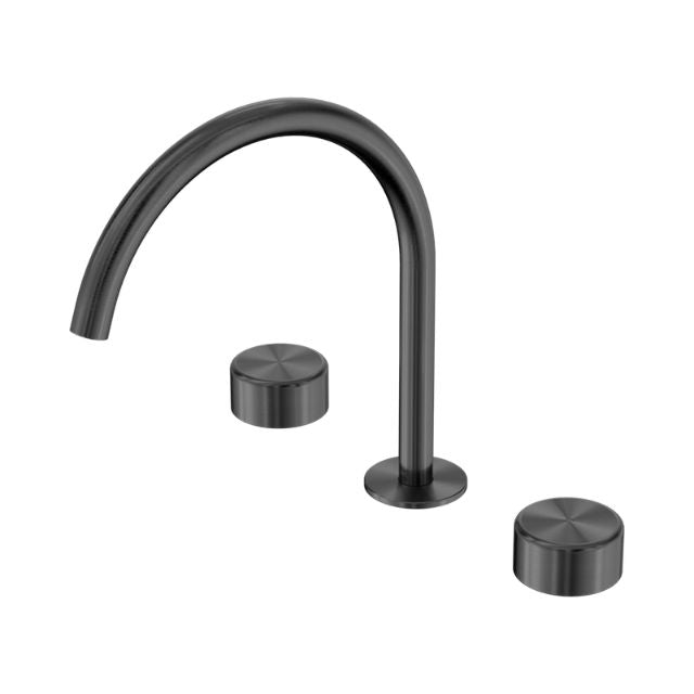Nero Serenity gun metal 3-piece sink tap set with arc spout and metal handles, isolated on white background