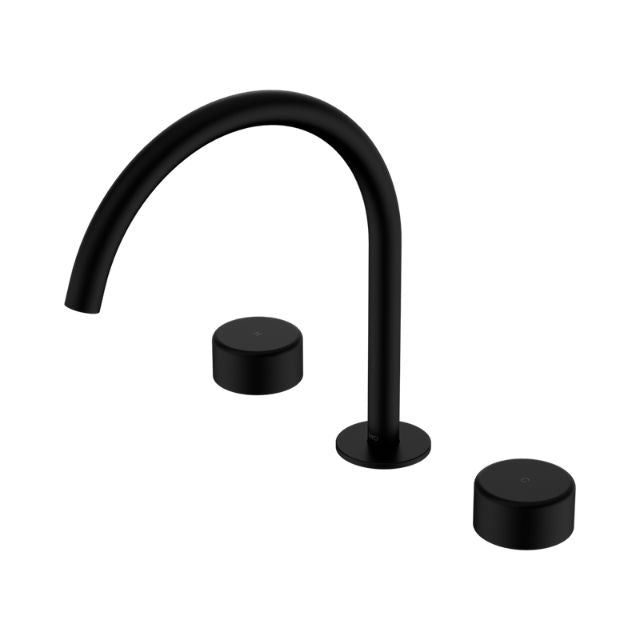 Nero Serenity matte black bath/kitchen tap set with arc spout and two round metal handles, on white background