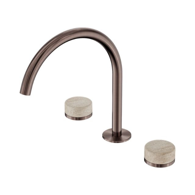 Nero Serenity brushed bronze wall-mounted bath/kitchen tap set with arc spout and travertine handles on white background