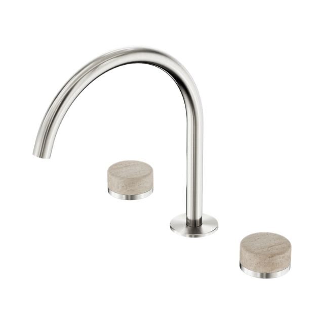 Nero Serenity brushed nickel bath/kitchen tap set with arc spout and two travertine handles on white background
