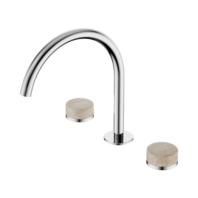 Nero Serenity chrome arc spout tap set with travertine handles on white background