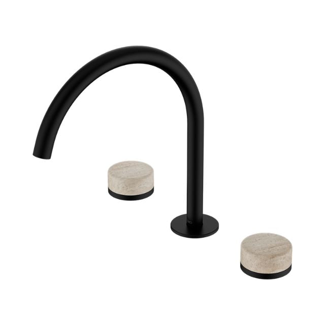 Nero Serenity matte black arc spout with Rome travertine handles, 3 piece bath/kitchen tap set on white background