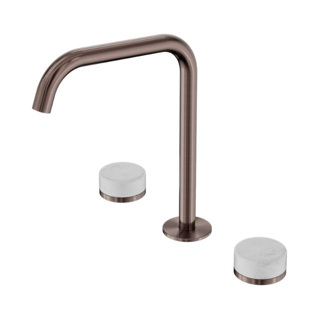 Nero Serenity brushed bronze wall-mounted bath/kitchen tap set with Carrara marble handles and edge spout, three-piece