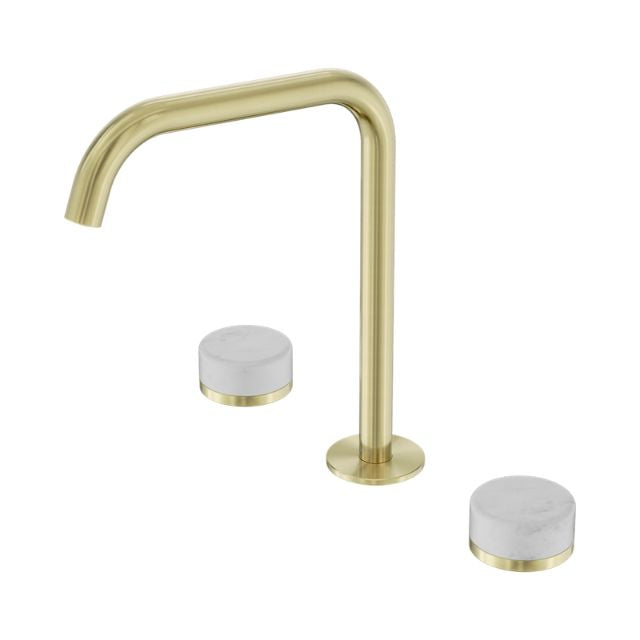 Nero Serenity brushed gold tap set with curved edge spout and Carrara marble handles, shown on white background