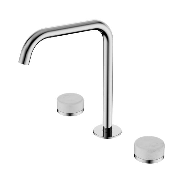 Nero Serenity chrome bath/kitchen tap set with edge spout and Carrara marble handles, wall-mounted 3 piece set