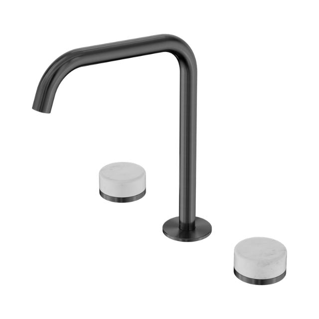 Nero Serenity gun metal wall-mounted spout with Carrara marble handles, 3-piece tap set on white background