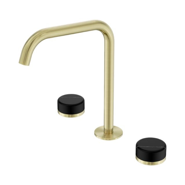 Nero Serenity wall-mounted bath/kitchen tap set with brushed gold edge spout and black handwheels, shown on white background