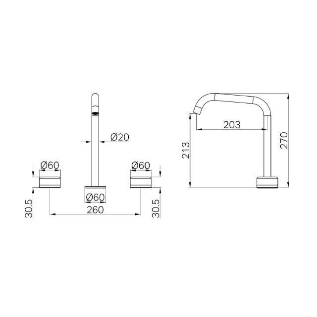 Technical line drawing of Nero Serenity wall-mounted bath/kitchen tap set, showing edge spout dimensions in brushed gold with 203mm reach and 270mm height