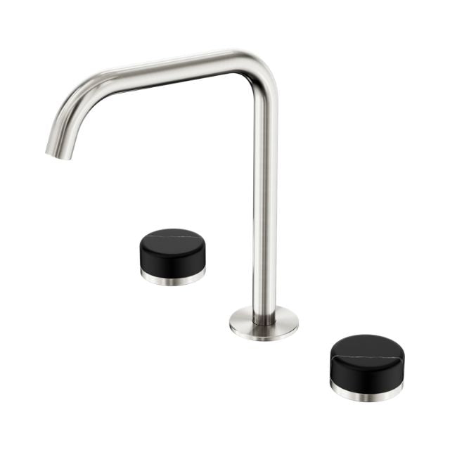 Nero Serenity 3-piece sink set in brushed nickel with Marquina black handles, featuring an edge spout and two round handwheels