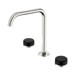 Nero Serenity 3-piece sink set in brushed nickel with Marquina black handles, featuring an edge spout and two round handwheels