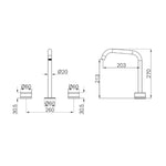 Technical drawing of Nero Serenity bath/kitchen set, edge spout and handles in brushed nickel, with dimensions shown
