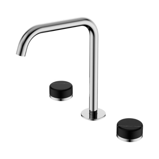 Nero Serenity chrome wall-mounted bath/kitchen tap set with black Marquina handles and edge spout, on white background