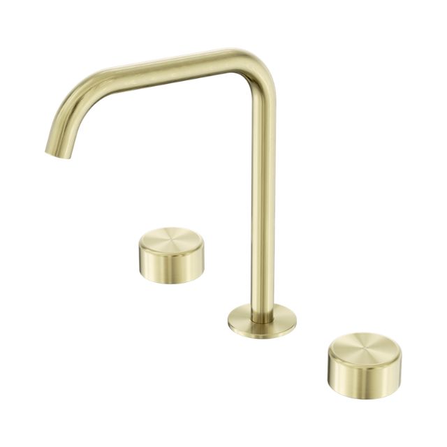 Nero Serenity brushed gold 3-piece sink tap set with edge spout and metal handles on white background