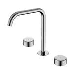 Nero Serenity chrome tap set with curved edge spout and two round metal handles, on white background