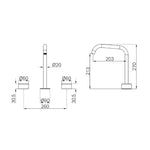 Technical line drawing of Nero Serenity bath/kitchen tap set, showing spout and twin handles with dimensions in gun metal finish