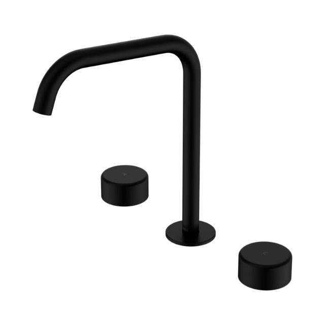 Nero Serenity matte black bath/kitchen tap set with curved edge spout and two round metal handles on white background