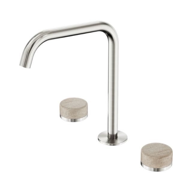 Nero Serenity bath/kitchen tap set in brushed nickel with travertine handles and edge spout, shown on white background