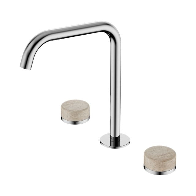 Nero Serenity chrome wall spout with two Rome travertine handles, bath/kitchen tap set on white background