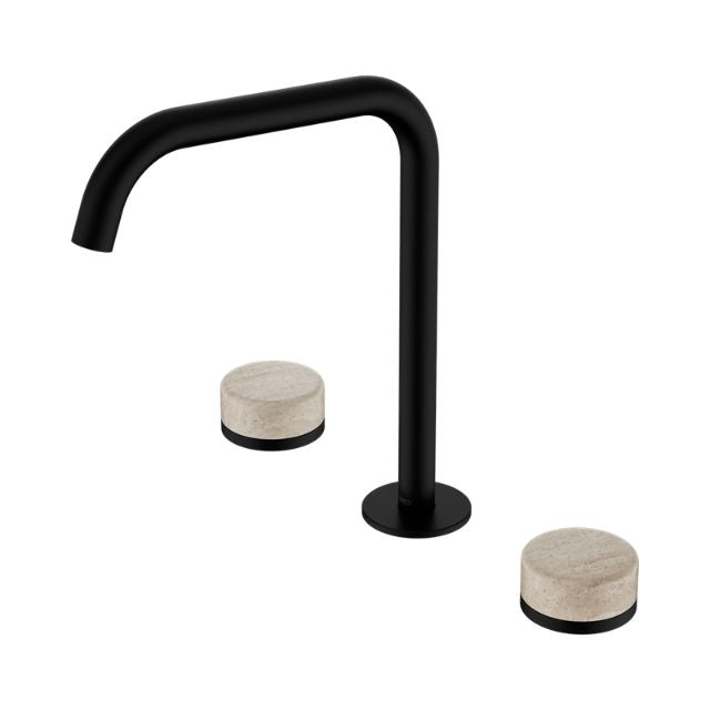 Nero Serenity matte black tap set with edge spout and two travertine handles on white background