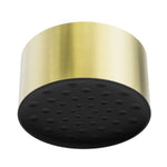 Nero Serenity ceiling shower head in brushed gold with black spray face, round overhead showerhead view