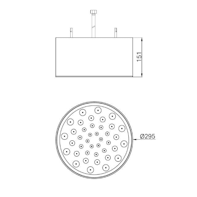 Technical drawing of Nero Serenity ceiling shower head, brushed gold, with side and front views and 295 mm diameter marked