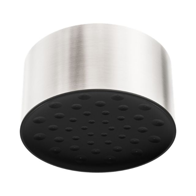 Nero Serenity ceiling shower head in brushed nickel, round stainless steel rain shower with black spray face