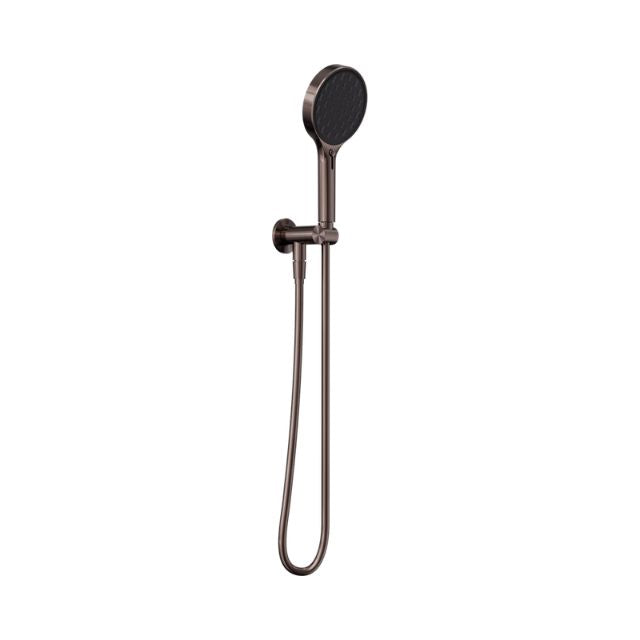 Nero Serenity hand shower in brushed bronze with wall bracket and hose, shown on white background
