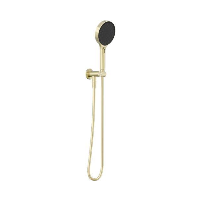 Nero Serenity hand held shower in brushed gold with wall bracket and hose on white background