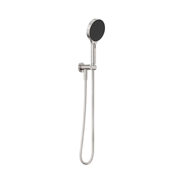 Nero Serenity hand held shower in brushed nickel with wall bracket, hose and round handset on white background