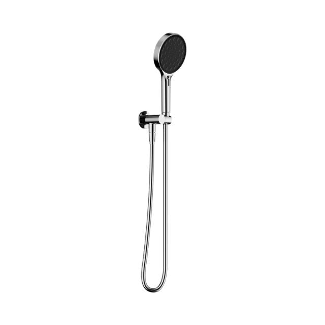 Nero Serenity hand held shower in chrome with hose and wall bracket, shown front on against a white background