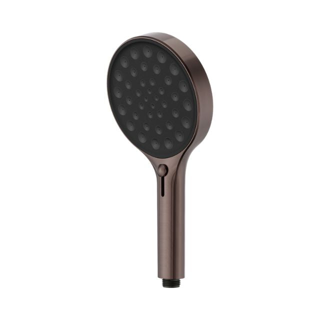 Nero Serenity hand shower in brushed bronze with round face, black spray plate and slim handle