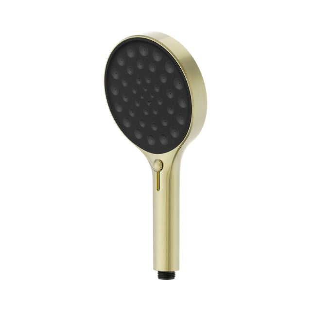 Nero Serenity hand shower in brushed gold with black face and round head, front view on white background