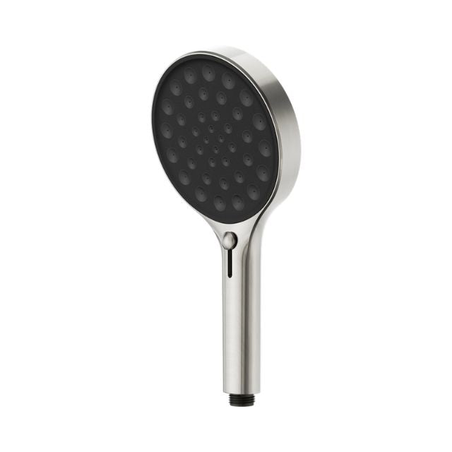 Nero Serenity hand shower in brushed nickel with round head and black spray face, front view on white background