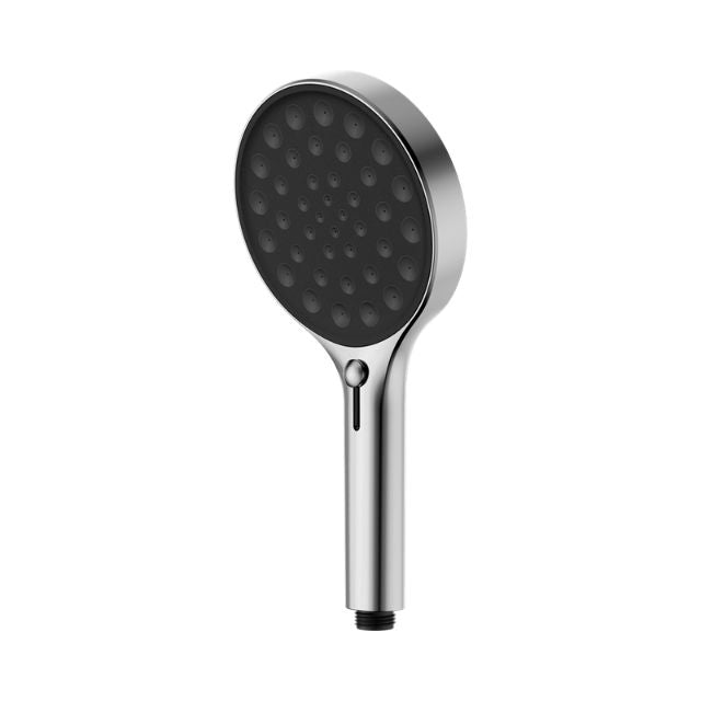 Nero Serenity chrome hand shower with round face and black nozzles, front view on white background