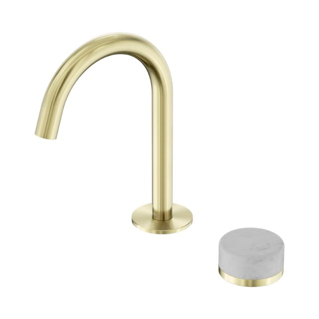 Nero Serenity progressive basin mixer in brushed gold with arced spout and Carrara stone handle, shown on white background
