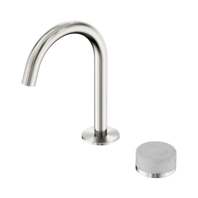 Nero Serenity basin mixer tap in brushed nickel with arc spout and separate Carrara marble handle on white background