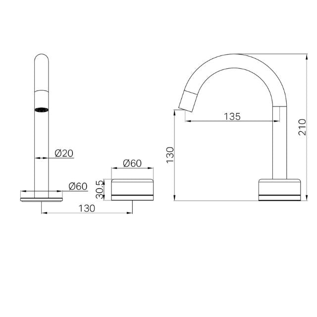 Technical line drawing of Nero Serenity progressive basin mixer with arc spout, showing side and front views and dimensions in mm