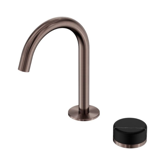 Nero Serenity basin mixer with arc spout in brushed bronze and separate Marquina black handle, isolated on white