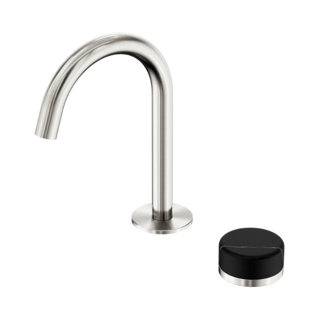 Nero Serenity progressive basin mixer with arc spout and separate Marquina black handle, brushed nickel finish