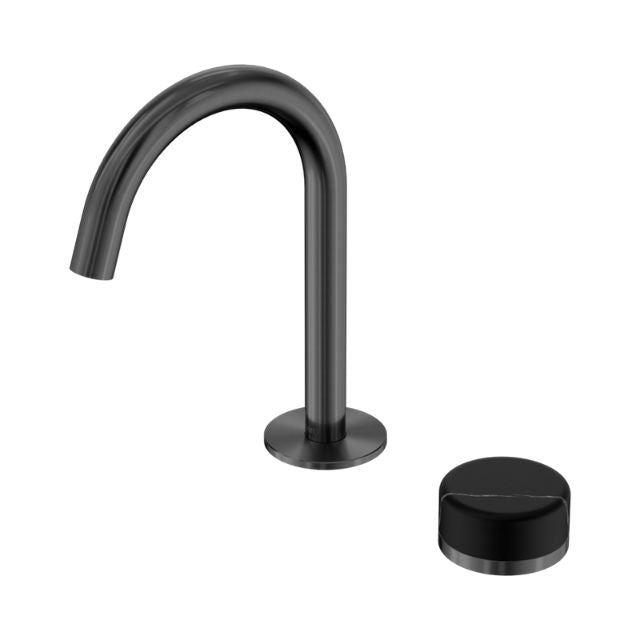 Nero Serenity progressive basin mixer with arc spout, gun metal finish and Marquina black marble handle separated beside it